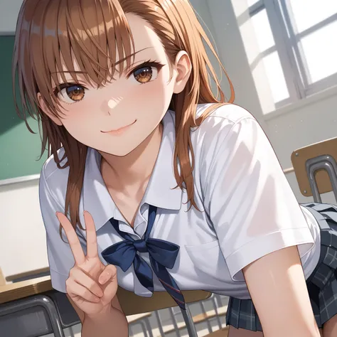 masterpiece, best quality, highly detailed, 8k uhd, score_9, score_8_up, score_7_up, rating_explicit, perfect anatomy, perfect face, detailed face, detailed eye, source_anime, Misaka_Mikoto face close-up, Smug, Dutch angle, closed mouth, school uniform, sh...