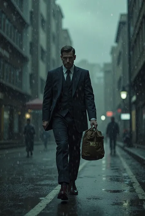 A man walking in the rain with holding a bag and in the bag it have MBT word, create this in video