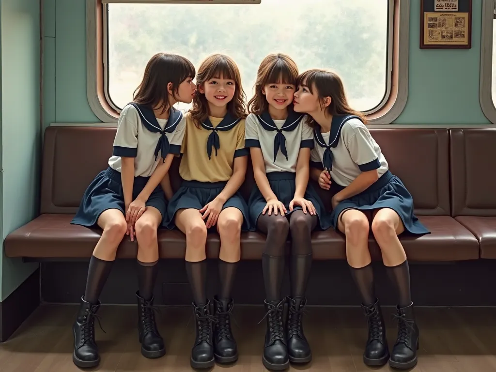 four russia 6years girls kisses sitting on train seat, View Photographer, whole body, (Smiling at the photographer), tight open breast tits russia school uniform, High boots, Clothes that show the open chest、Thin and long elbows、(wearing a open breast top,...