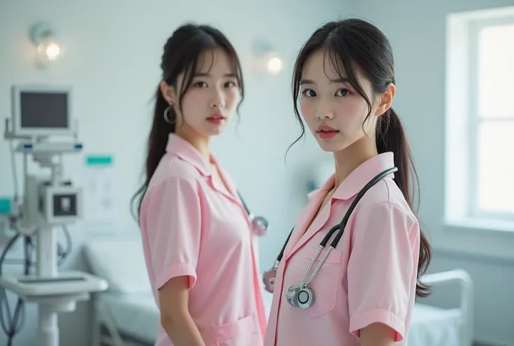 A highly detailed, ultra-high-resolution 32K rendered photo of two beautiful young Japanese women in a hospital room. One of them is wearing a pale pink female doctor's uniform with a matching miniskirt. The image is captured with exceptional clarity, show...