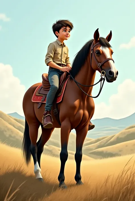 The boy sits on the back of a horse