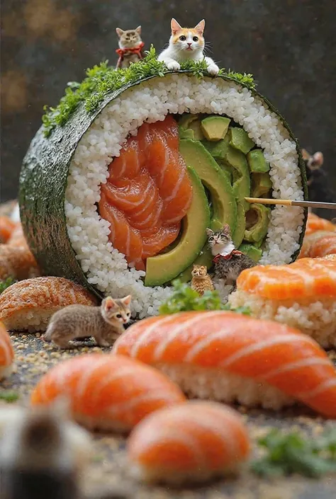 Inside a *massive sushi roll*, tiny cats dressed as sushi chefs are hard at work. Some are rolling the seaweed wrap over the giant bed of rice, while others are slicing a huge salmon fillet using tiny knives. A few cats are using chopsticks like constructi...