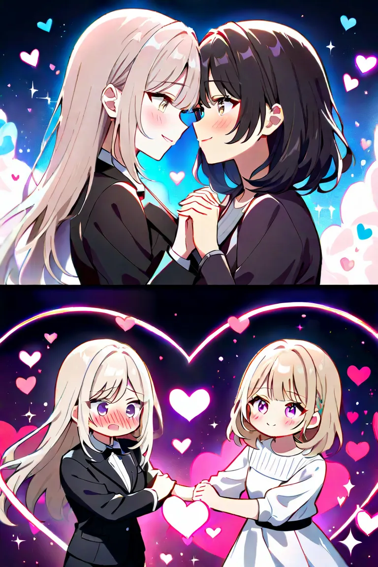  2 women、 character for V21（ light beige hair、Medium shoulder-length hair、Curl inward、Light beige eyes、Long、smile）、 character for V2２（ black hair、long hair、 black suit、bottom（skirt）、 purple eyes）、 blush、 and stare at each other、painful、Holding hands、 bring...