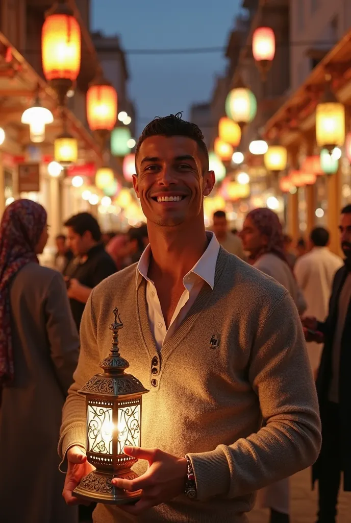 
"of a man who looks like Cristiano Ronaldo, standing in a traditional Arab market during the evening.. wearing an elegant sweater over an open shirt at the neck, and smiling warmly while holding a decorative and illuminated Arab lantern. behind it. The ma...