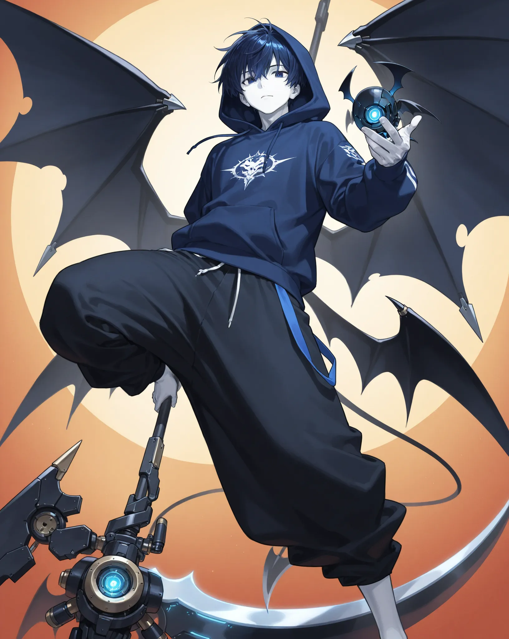 dark blue hair、1 Man、 hoodie、dark blue eyes、best image quality、highest resolution、huge pants、Devil&#39;s Wings、 white skin、Scythe（mechanical）