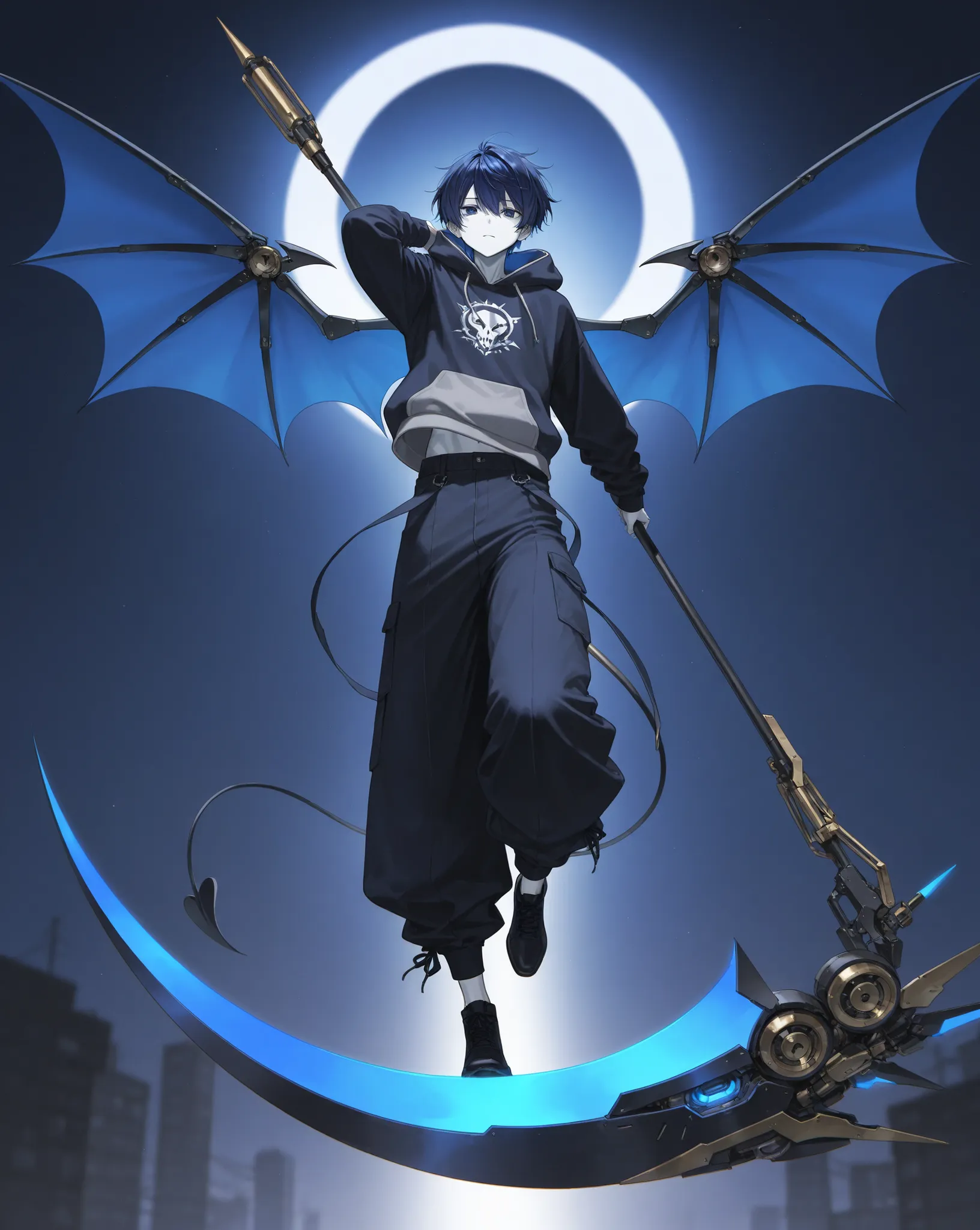 dark blue hair、1 Man、 hoodie、dark blue eyes、best image quality、highest resolution、huge pants、Devil&#39;s Wings、 white skin、Scythe（mechanical）