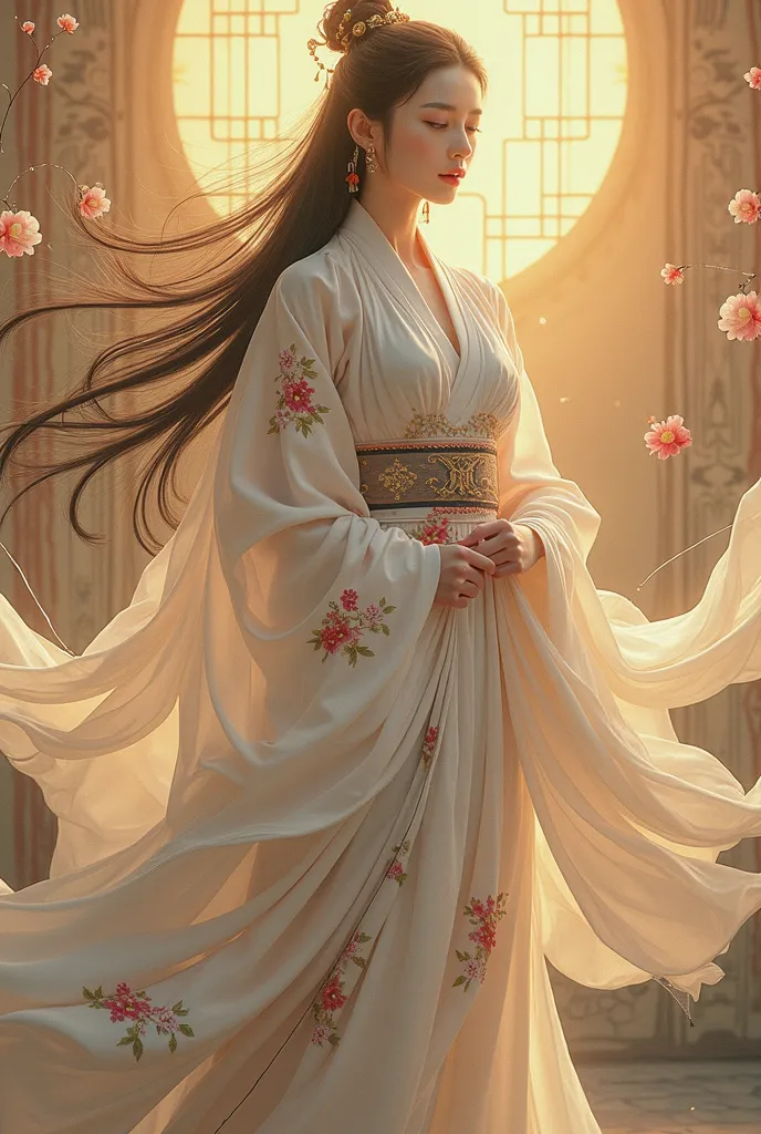 Ancient Chinese beautiful courtesan with long dark hair loose and white hanfu transparent sensual. 