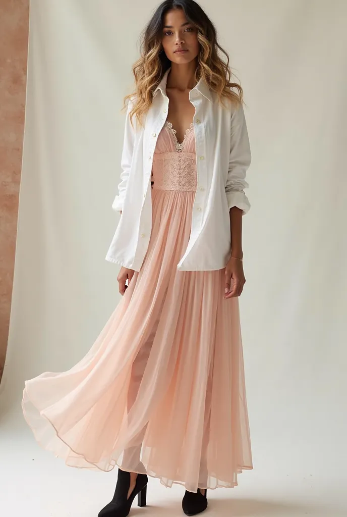 create an outfit of: a pale pink long dress, a white open short shirt and black heels. the girl has to have mid hair black and mid hair beige