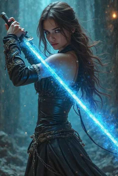 Create a movie poster-style image of a age girl, with brown hair, dark green eyes, Medieval-style sexy assassin's outfit with a blue fiery sword 