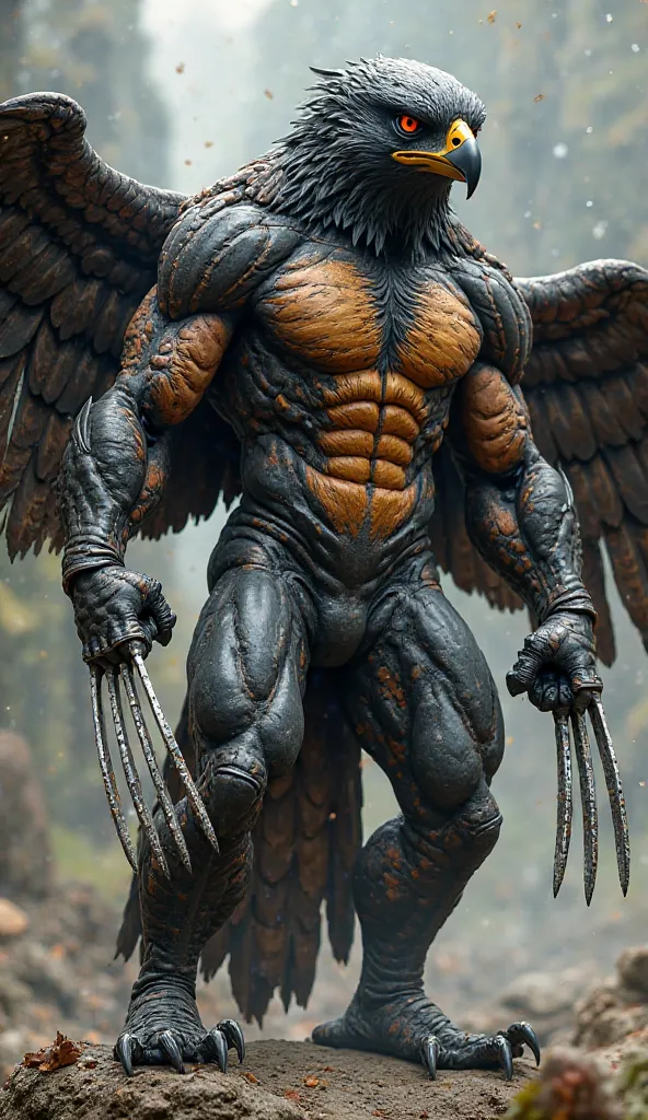 "A terrifying fusion of Wolverine and a peregrine falcon, the Winged Berserker is a primal beast sculpted entirely from raw muscle, bone, and feathered fury. His entire body is encased in the sleek, predatory texture of falcon skin, with dark, razor-edged ...