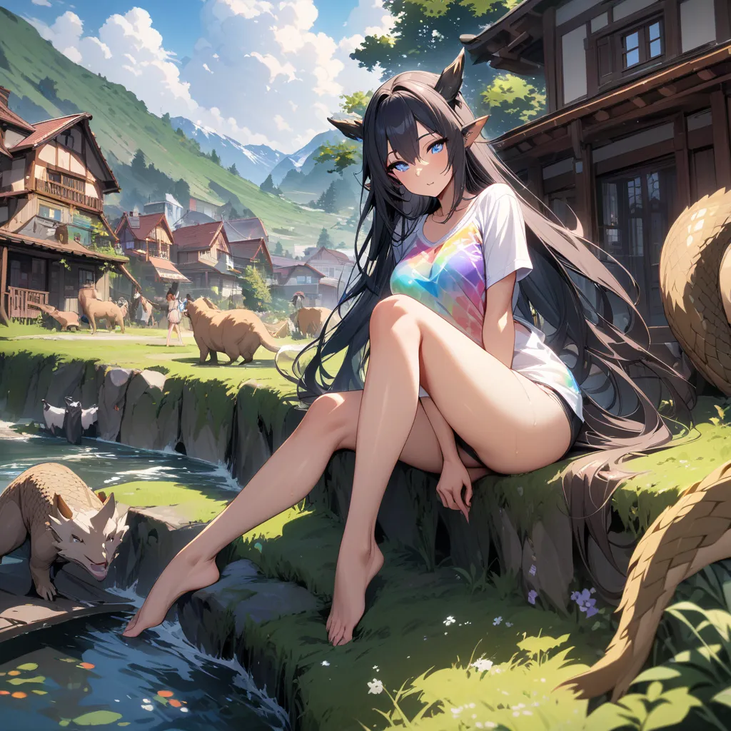 Dragon woman with long hair, blue eyes,  dragon ears , medium breasts, perfect body, beautiful legs, with a colorful low-cut blouse and a beautiful panty, in a beautiful landscape with houses and many animals, masterpiece, high resolution, t-shirt, 