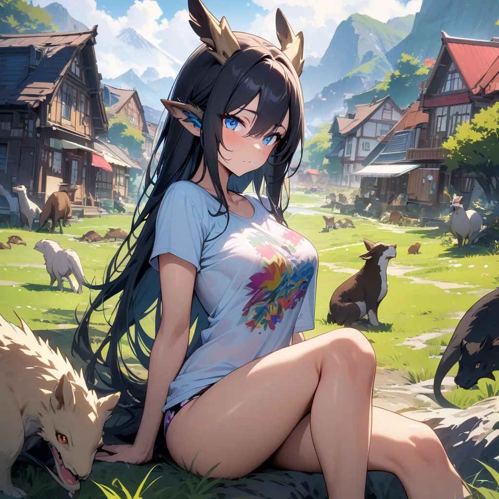 Dragon woman with long hair, blue eyes,  dragon ears , medium breasts, perfect body, beautiful legs, with a colorful low-cut blouse and a beautiful panty, in a beautiful landscape with houses and many animals, masterpiece, high resolution, t-shirt, 