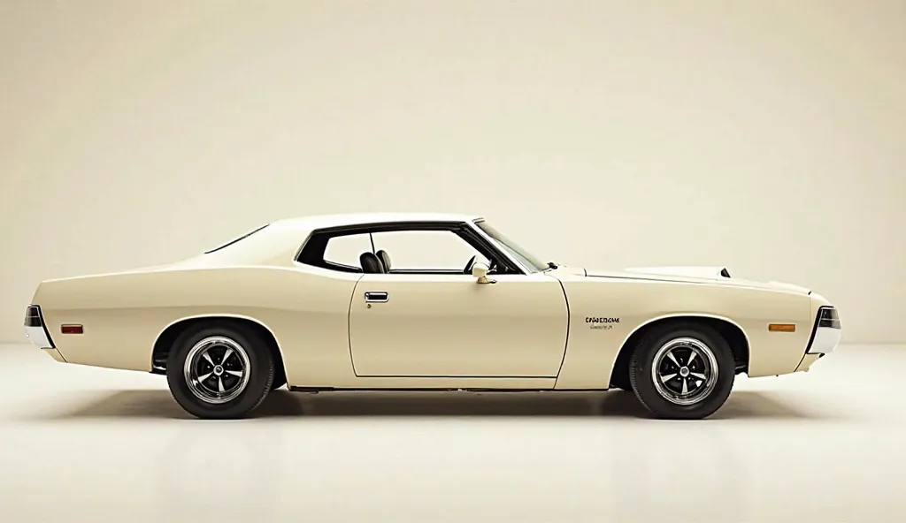 Create left side view of the 1973 dodge coronet in cream Attitude color, with 45 angle The setting is a perfect indoor studio with soft lighting to highlight the sleek lines of the car. The background is bright shiny enhancing the elegance of the car witho...