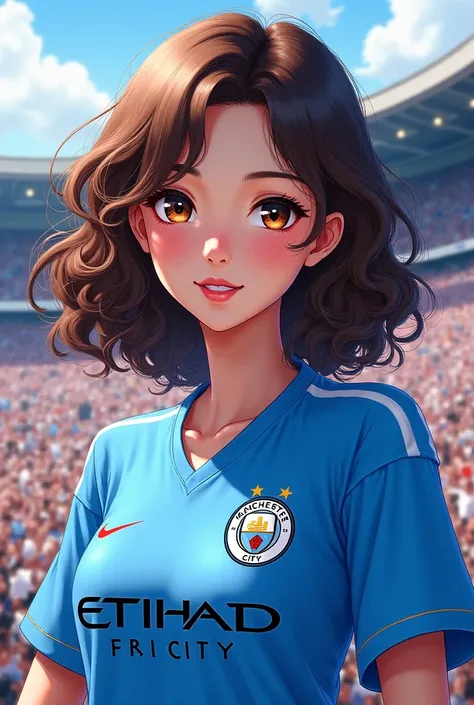 Create for me an anime woman with curly hair and brown eyes wearing the Manchester City jersey