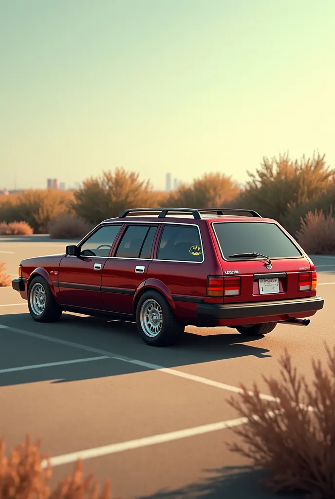 Realistic image of a dark red 1990 Corolla Estate Wagon,  4-door car, with roof rack, silver wheels, white plate, has a small Batman sticker on the right rear side window, is standing in a parking lot next to dry bushes on a hot day