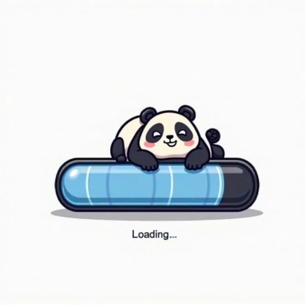 "A cute Panda resting happily on top of a loading bar, looking content and relaxed. The  Animal has a big smile, and gentle eyes. The loading bar is halfway filled with a blue color, outlined in bold black. the loading is highly detailed.  Digital illustra...