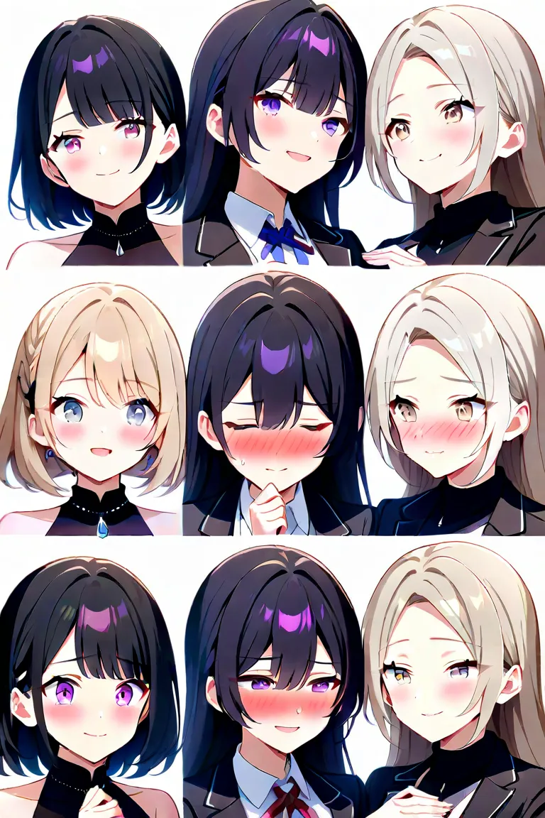  2 women、 character for V21（ light beige hair、Medium shoulder-length hair、Curl inward、Light beige eyes、Long、smile）、 character for V2２（ black hair、long hair、 black suit、bottom（skirt）、 purple eyes）、 blush、 and stare at each other、painful、Holding hands、 bring...