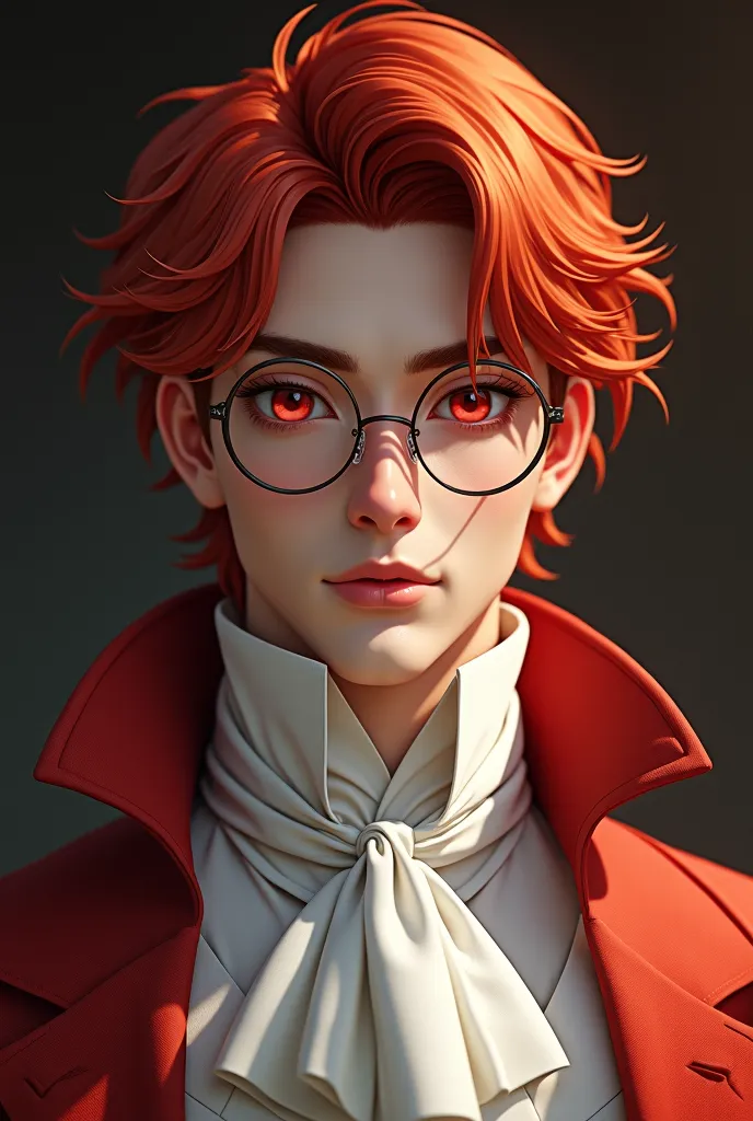 (masterpiece, 8k, high quality, best quality:1.6), 1boy, solo, medium hair, red hair, asymmetrical fringe, red eyes, handsome, sharp eyes, (mature male, mature:1.2), male focus, fashionable, close up, smile, long eyelashes, soft shadows, perfect anatomy, w...