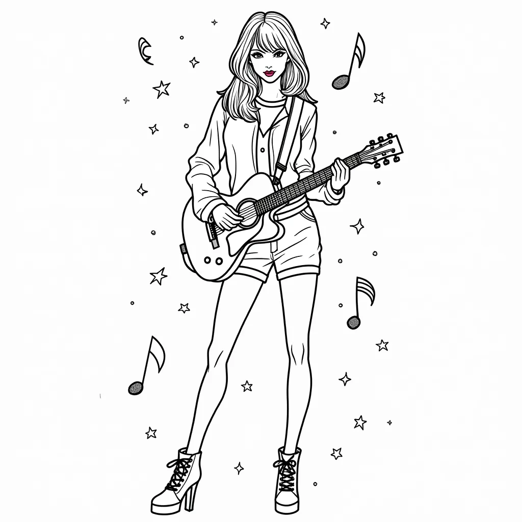 "Create a high-quality black-and-white outlined coloring page featuring Taylor Swift. The design should be simple yet engaging, with clean, bold lines. Include her signature hairstyle, a stylish outfit, and a confident pose that captures her personality. O...