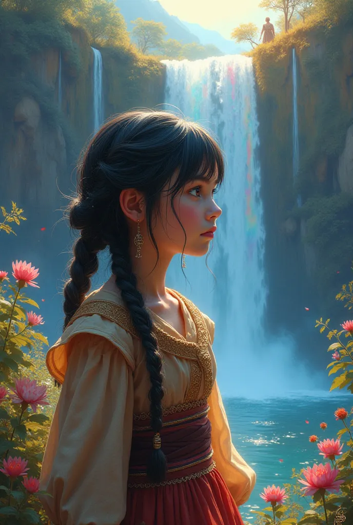 Create a age peasant girl who has dark hair and eyes, She is small and beautiful she is cunning and courageous. She is noticing that her rainbow world and multicolored waterfall are fading.