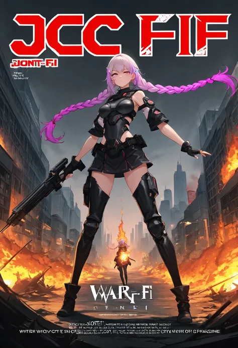 1 Girl， solo，twin_braids,gradient hair,, war，fire，explode，City， big ，，sci-fi，joint，joint， magazine cover