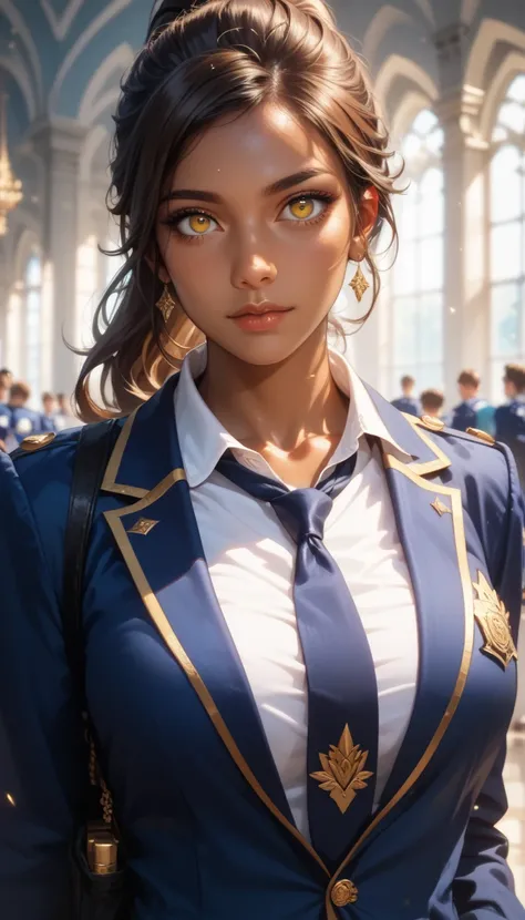 ((best quality)), ((Masterpiece)), (details), (perfection), female, (brown hair, ponytail hair, yellow eye , beautiful, tanned skin) , student uniform, dark blue necktie, white shirt, dark blue blazer, looking at viewer , sexy,exercised body, reality,upper...