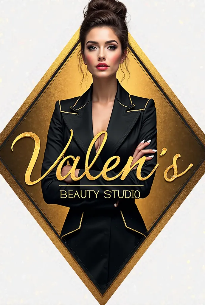 Gold-colored diamond logo with a small female figure standing crossed hands in a black and gold uniform with the title Valen's Beauty Studio in cursive letters 