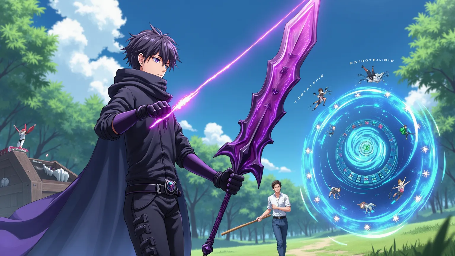 anime style, cyberfantasy arrow, the. In the foreground is a 25-year-old young man in black clothes with high-tech design, like monster hunter costume. His face is hidden by the shadows, but bright purple ominous energy rays burst out of your eyes. design,...