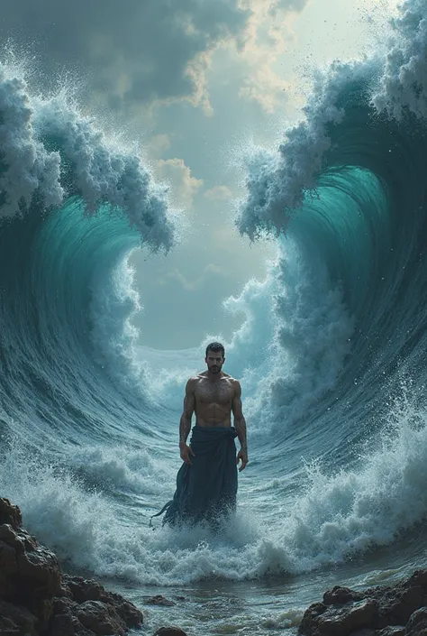 Generate a hyper realistic image of a man walking in the center of a divided stormy sea.