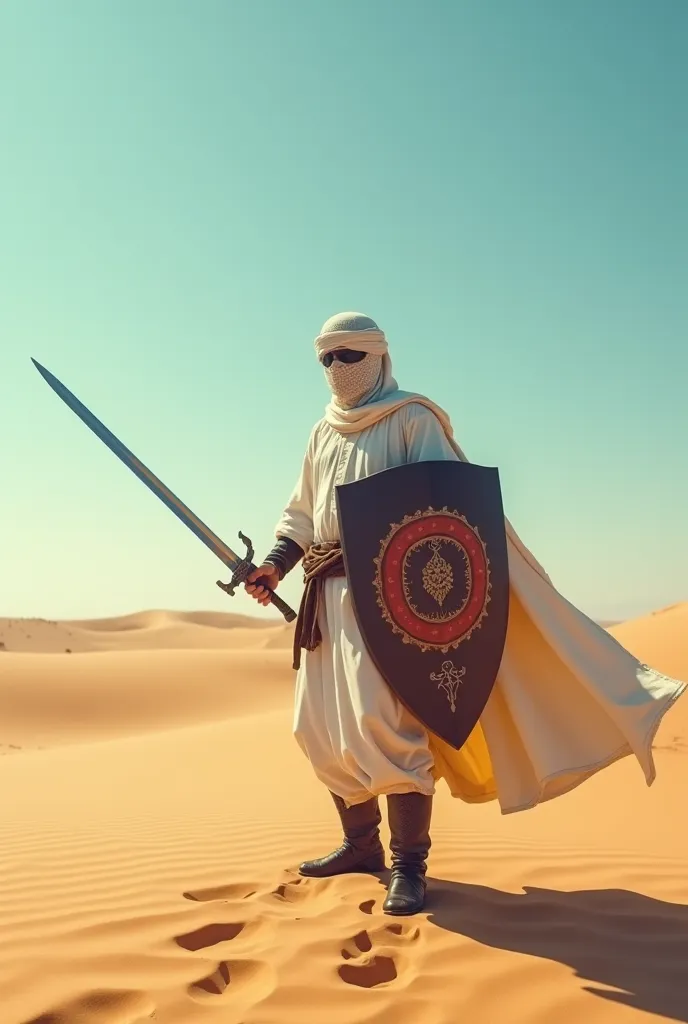 A dramatic scene of a masked fighter standing in the middle of the vast desert, where the golden sands extend to the horizon under a clear blue sky.. The fighter wears simple but practical white clothes, with a face covering that hides his features, giving...