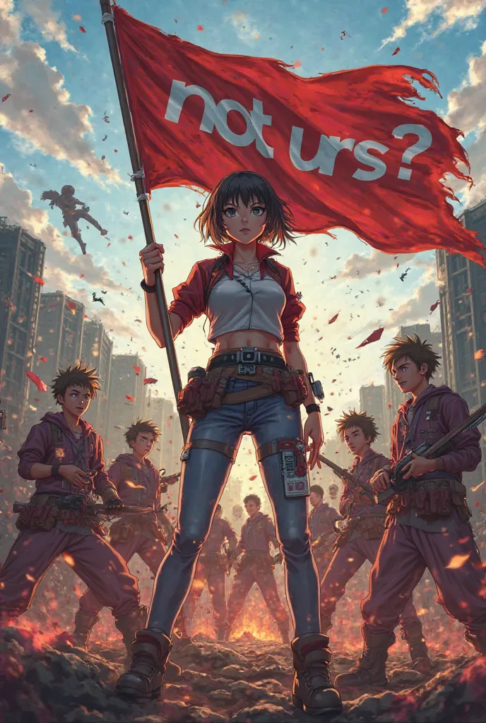 Multiple people in a brutal battle royal fight the female leader is holding a flag and there's 'not urs ?' written on it (anime)