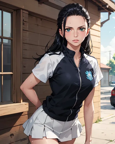 Nico Robin, Nico Robin face, Nico Robin hair style, long hair, 1girl, solo, white high school uniform, mini skirt, masterpiece, best quality, realistic, hyper-detailed, (shiny skin, sweaty:1.4), looking at viewer, slender, dynamic lighting, high resolution...