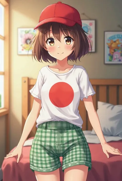 A anime girl wearing A red baseball cap.
A white short-sleeved T-shirt with a red circular emblem on the front.
Green checkered shorts. She is in her bedroom