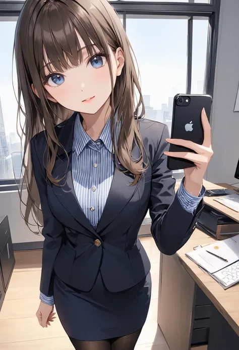 black iphone16, Selfie photo,  take a selfie, masterpiece, Highest quality, 1 40-year-old adult female,  slim, hand between legs, solo, SMALLE BREASTS, dark blue eyes, brown hair, bangs, long hair, from the front, business suit for irregular、black jacket、s...