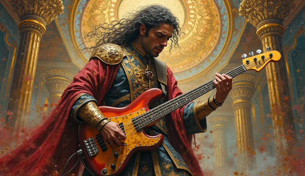 A byzantine painting. A bass guitarist is a drak slapper 