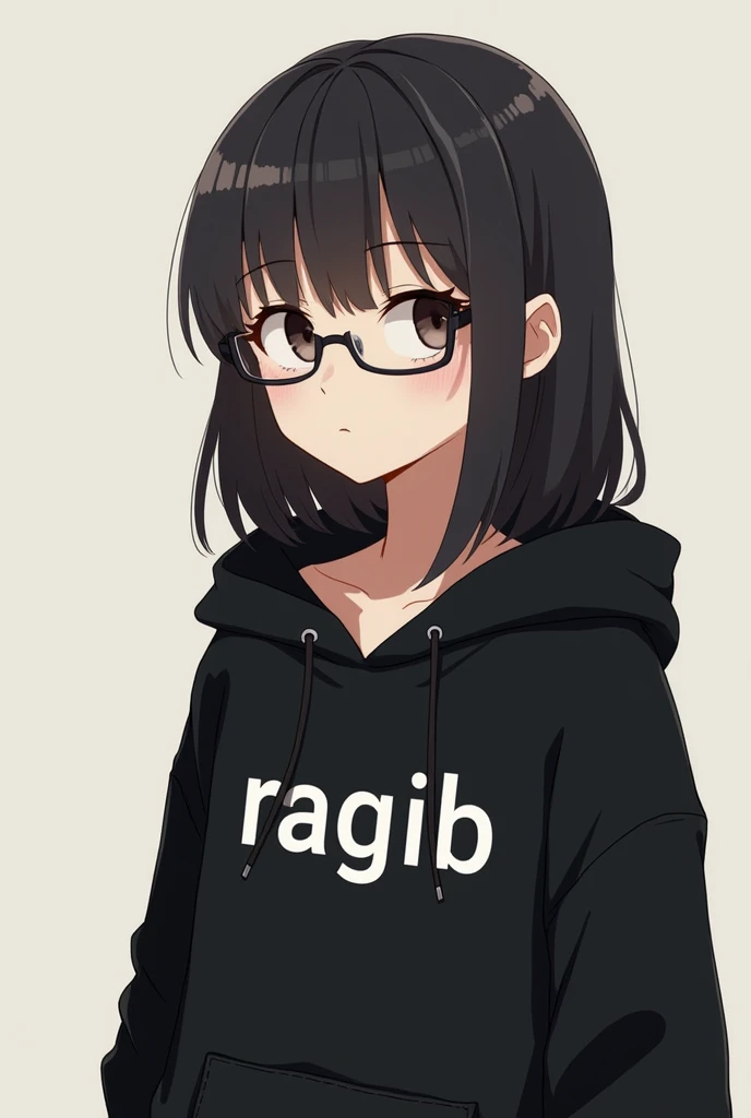 Make an anime character with thin glasses on eye wearing a black hoodie where is written 'RAGIB