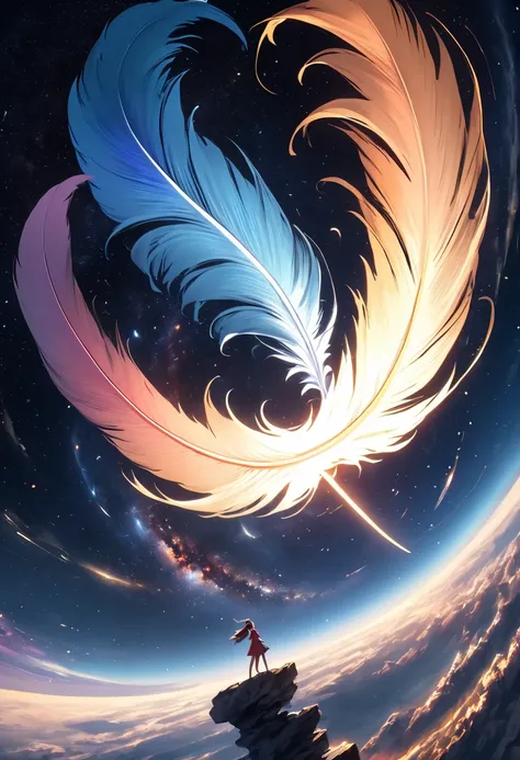  masterpiece、(Highest quality、High Resolution、4K、Created in 8k)、( real 、Photorealistic:1.5)、((((A Floating outer space big Feather))))、A giant feather floating in outer space、七colorの羽が舞う、color々なcolorの羽が舞う、nebula、 light is shining in the workshop、Angel&#39;...