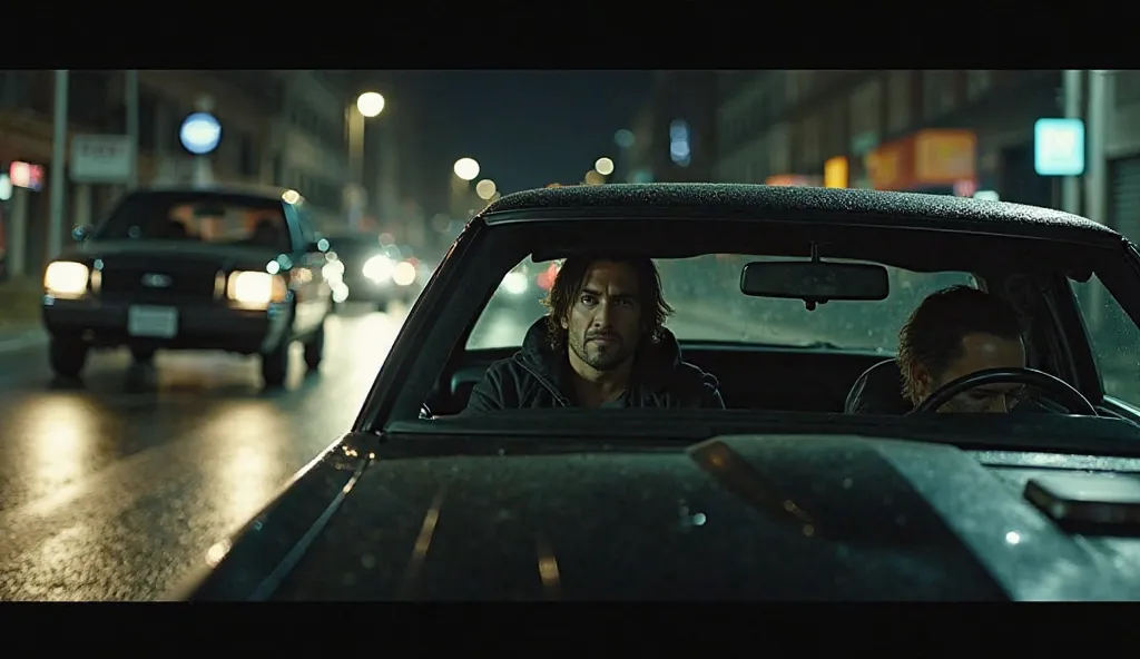 A tense nighttime chase through the city. Keanu Reeves is behind the wheel of a sleek black car, gripping the steering wheel with focused intensity. Beside him, a nervous middle-aged man (Mark) with a rugged appearance clutches a backpack, looking over his...