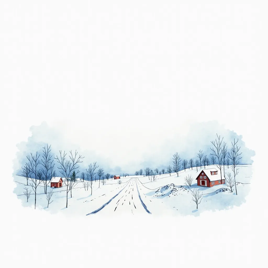 
White background in the top half and a watercolor painting in the bottom half depicting a winter countryside scene. There are snow-covered paths, houses, and bare trees, and the overall color palette is cool, giving a sense of peace and tranquility. The i...