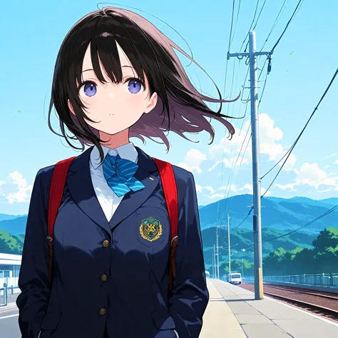 (masterpiece), (best quality), (ultra-detailed), artist:fujiyama, 1girl, route of a school, wind,
