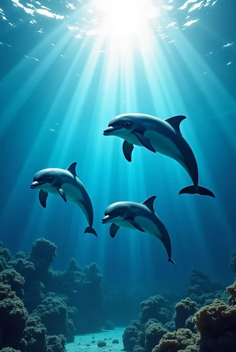 Create an underwater scene featuring three dolphins swimming gracefully. The sunlight penetrates the water from above, creating beautiful rays and reflections on the dolphins and the water surface. The ocean floor is visible with rocks and coral formations...