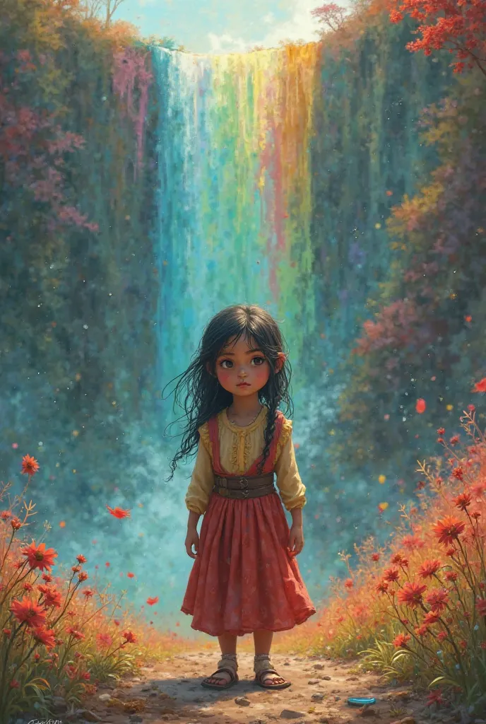 Create a pretty age peasant girl who has dark hair and eyes, She is small and beautiful she is cunning and courageous. She is noticing that her rainbow world and multicolored waterfall are fading.