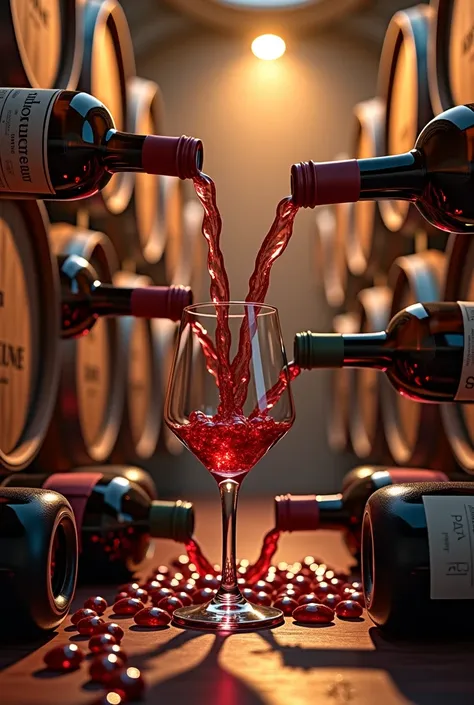 Hyperrealistic image of wine bottles filling a wine glass in the background of a cellar with barrels with a warm and bright light