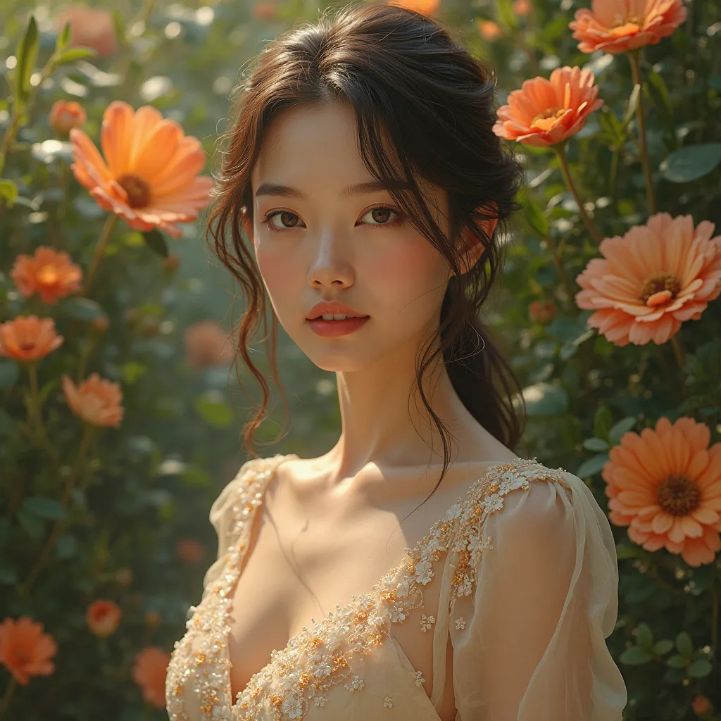 ultra realistic girl with dress in beige tones with lots of details, in light tones, Botanic garden background, with slightly orange flowers