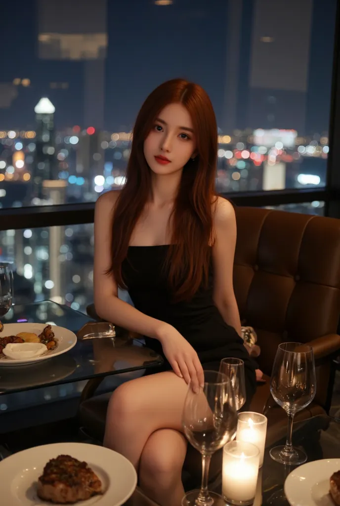 Create professional and realistic portraits with lighting, colors, textures, ambient and faces in UHD resolution. This is a photo of an Asian woman with long straight reddish hair, wearing a black evening dress. She sits on a modern leather chair at a glas...