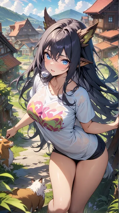 Dragon woman with long hair, blue eyes,  dragon ears , medium breasts, perfect body, beautiful legs, with a colorful low-cut blouse and a beautiful panty, in a beautiful landscape with houses and many animals, masterpiece, high resolution, t-shirt, 