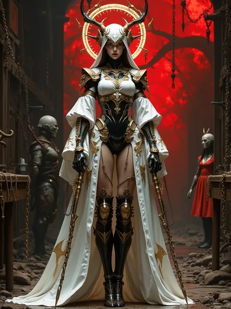 - Main Character, Adult Female "Vanuatu", Beautiful, Tall, Long Legs, Halo Circle full of Gold luminous carvings.
(Looking at the audience).

- Wearing a costume ("Full Sexy Armor").
Futuristic Costume Design.
Wearing a long robe and a Witch's head coverin...