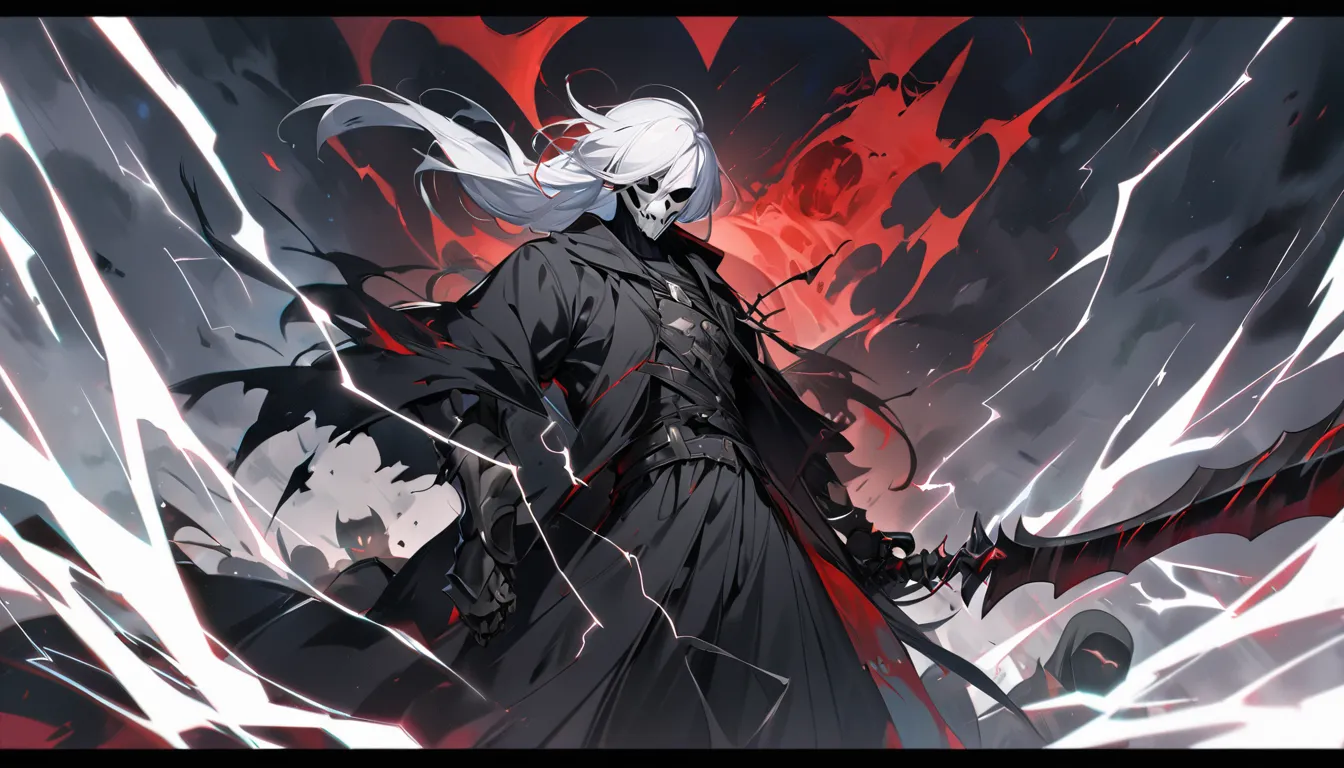 Grim Reaper Man,  white hair,  left eye is red, Black Clothes and Remaining Armor, A Black Sword Full of Lightning,  Hollow Mask , 8K high definition