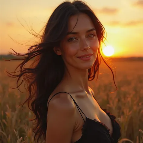 Masterpiece, best quality, {best quality}, {{masterpiece}}, {highres}, {{{field field}}, laurence bedard, pretty lady, romantic, sharp focus, female focus, black hair, violet eyes, sunlight, lifting, natura;l smiles, orange sky, in night dress, lady's fash...