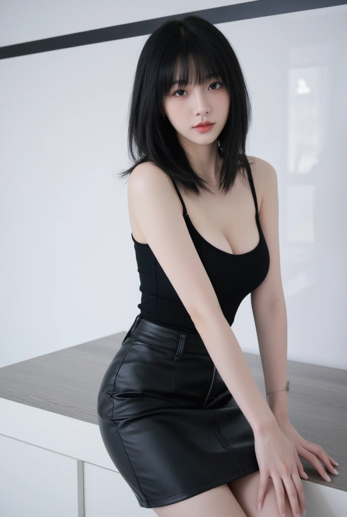 Black long straight hairstyle for young women, black slim fit one-piece, hipster, leather skirt, big chest, no shoulder, low chest, no jewelry, leaning strongly forward, business line bar